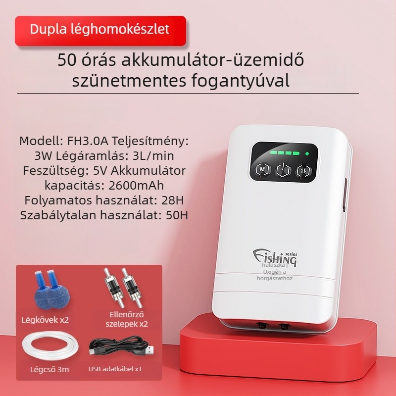 Kinti horgászatra szánt oxigénpumpa - újratölthető, hordozható, vízálló, kettős felhasználású oxigénpumpa; DC tápegység, tömeg 270-510 g, zaj 30 dB