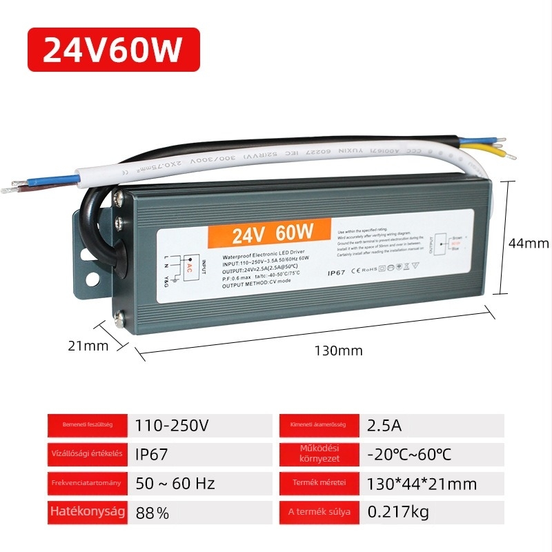 Kültéri IP67 LED meghajtó, DC24V, 60-400W, 85% hatékonyság, kapcsolóüzemű tápegység tájvilágításhoz