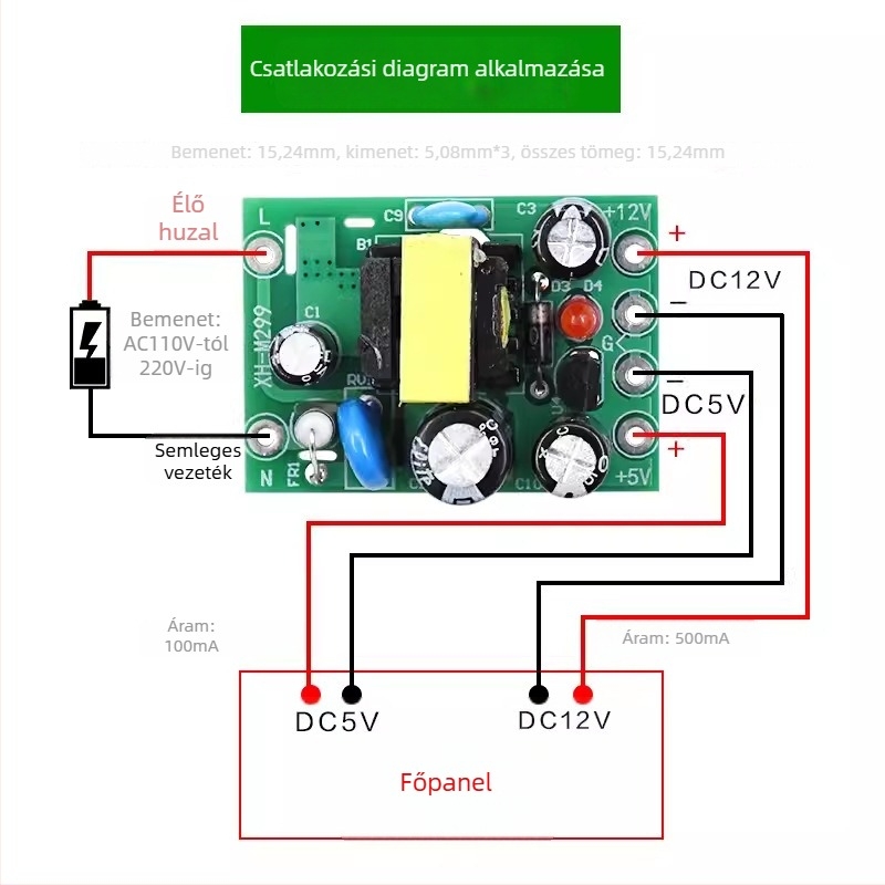 AC-DC kapcsoló tápegység modul, M299, bemenet 110-220V, kettős kimenet 12V és 5V, izolált tápegység.