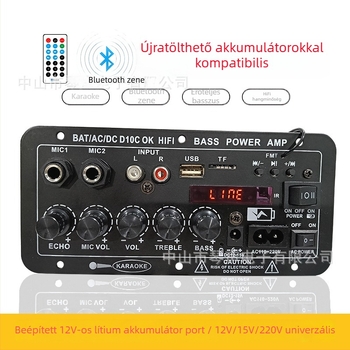 12V-os autóerősítő panel kijelzővel, kompatibilis újratölthető akkumulátorral, Bluetooth karaoke modul