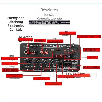 12V-os autóerősítő panel kijelzővel, kompatibilis újratölthető akkumulátorral, Bluetooth karaoke modul