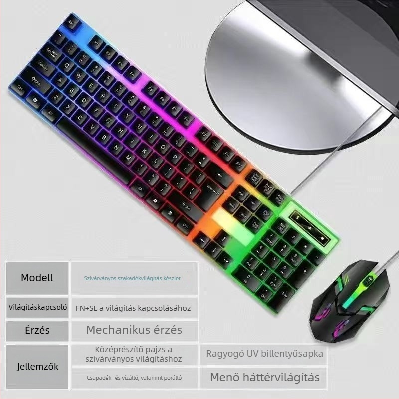 Kábeles billentyűzet–egér készlet USB-vel, optikai 1200 DPI, háttérvilágítás, asztali és laptop kompatibilis
