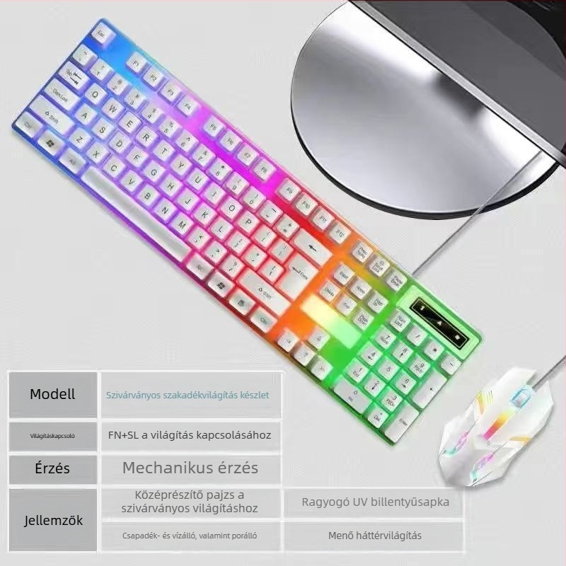 Kábeles billentyűzet–egér készlet USB-vel, optikai 1200 DPI, háttérvilágítás, asztali és laptop kompatibilis