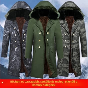 Férfi kamuflázsi katonai kabát, hőszigetelés, kémiai rostból készült anyag, camuflázs mintázat, téli–tavaszi viselet.