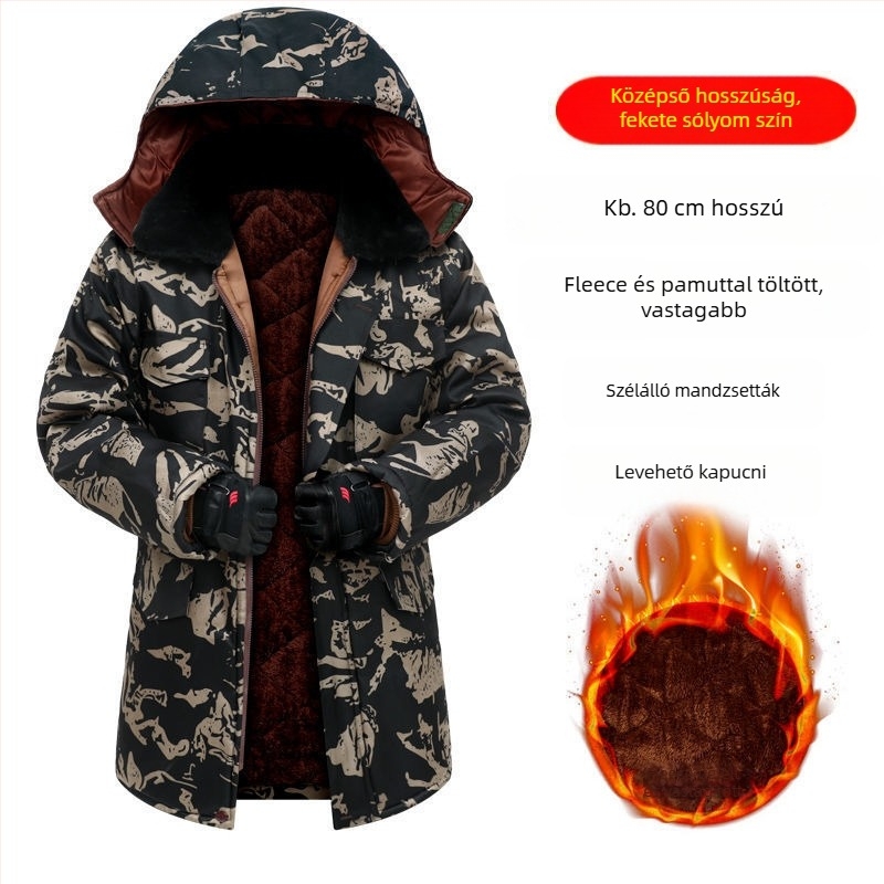 Férfi kamuflázsi katonai kabát, hőszigetelés, kémiai rostból készült anyag, camuflázs mintázat, téli–tavaszi viselet.