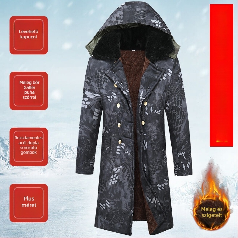 Férfi kamuflázsi katonai kabát, hőszigetelés, kémiai rostból készült anyag, camuflázs mintázat, téli–tavaszi viselet.