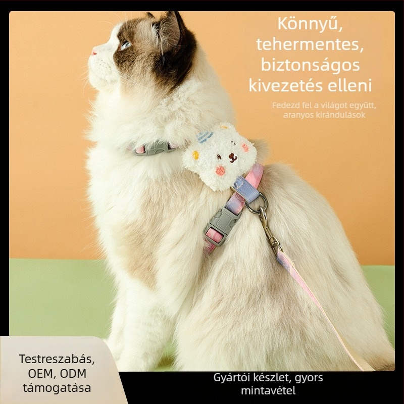 Macska mellény pórázzal, törésbiztos csattal, medve dísz; anyagok: nylon, ötvözet, ABS