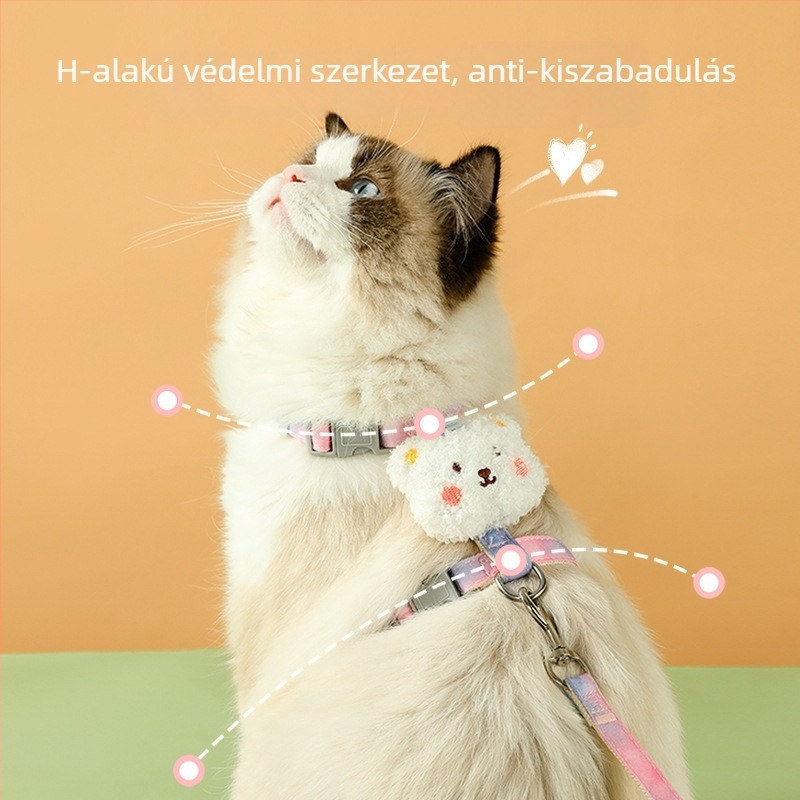 Macska mellény pórázzal, törésbiztos csattal, medve dísz; anyagok: nylon, ötvözet, ABS