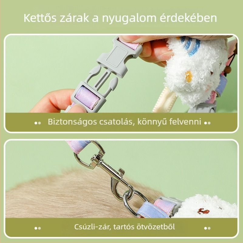 Macska mellény pórázzal, törésbiztos csattal, medve dísz; anyagok: nylon, ötvözet, ABS
