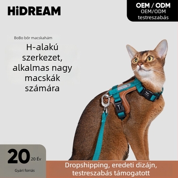 HiDREAM Bőr macska mellkasi hám és pórázkészlet, állítható I-formájú, menekülés elleni