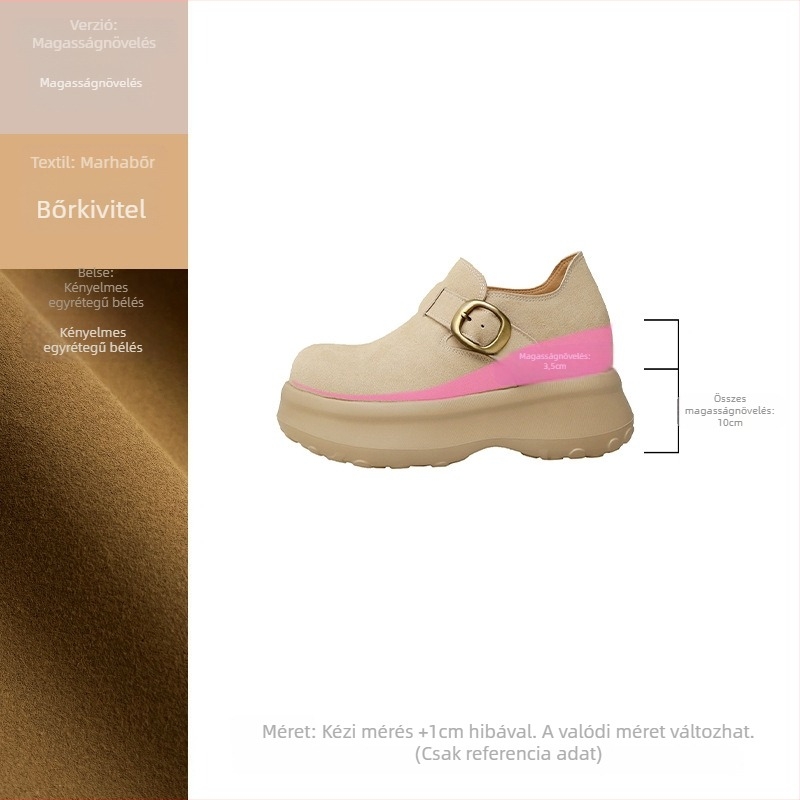 Női Magasságemelő Brogue Cipők – 10 cm emelés, kétréteg tehénbőr, platform talp, csatos zárás, juhbőr belső betét