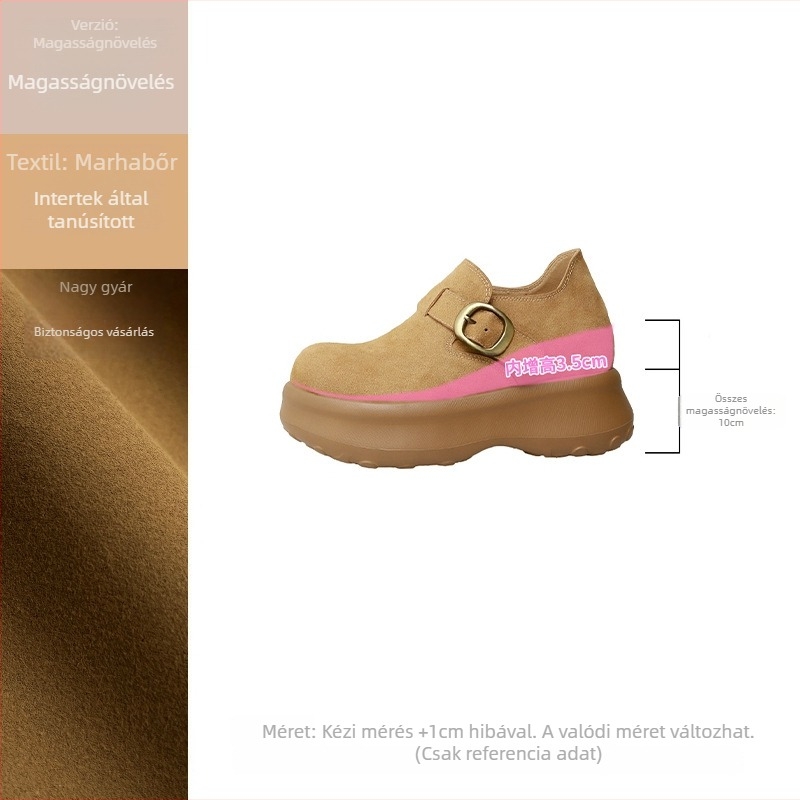 Női Magasságemelő Brogue Cipők – 10 cm emelés, kétréteg tehénbőr, platform talp, csatos zárás, juhbőr belső betét