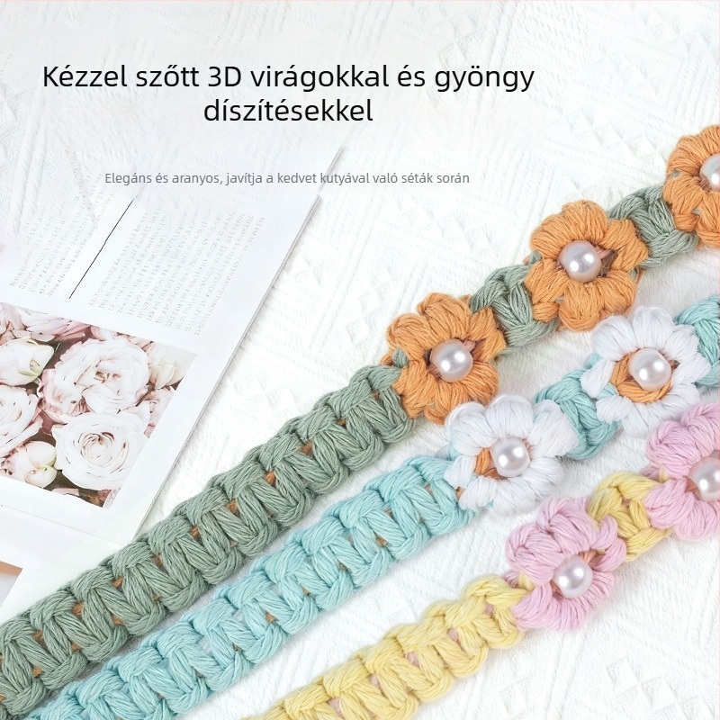 Kézzel szőtt macska póráz virágos mintával és gyöngyös díszítéssel, pamut zsinór, állítható