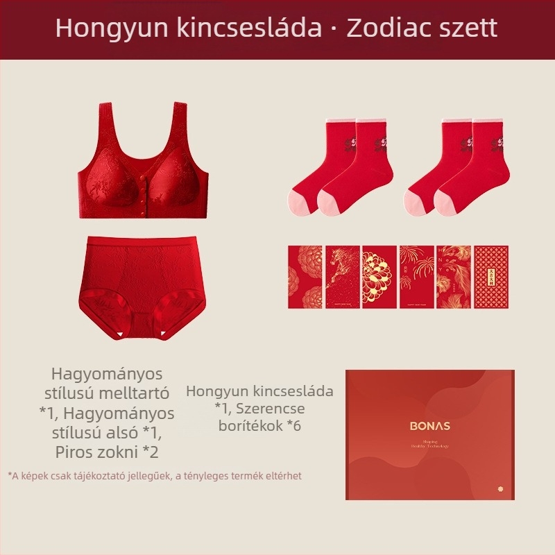 Bonas piros fehérnemű szett push-up melltartóval és alsóneművel, nylon, Zodiákus éve 2026, esküvői ajándék doboz