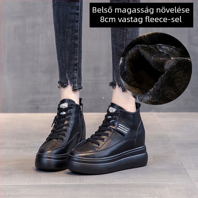 Női bőrből készült magas szárú tornacipő fleece bélésével és 4–6 cm-es klín sarokkal