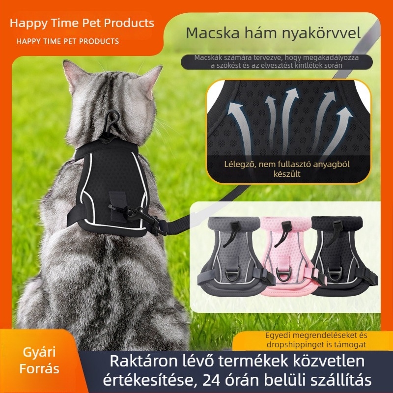 Macska kültéri hám és póráz készlet, lélegző hálós anyagból, állítható, fényvisszaverő, elvesztés elleni védelem.