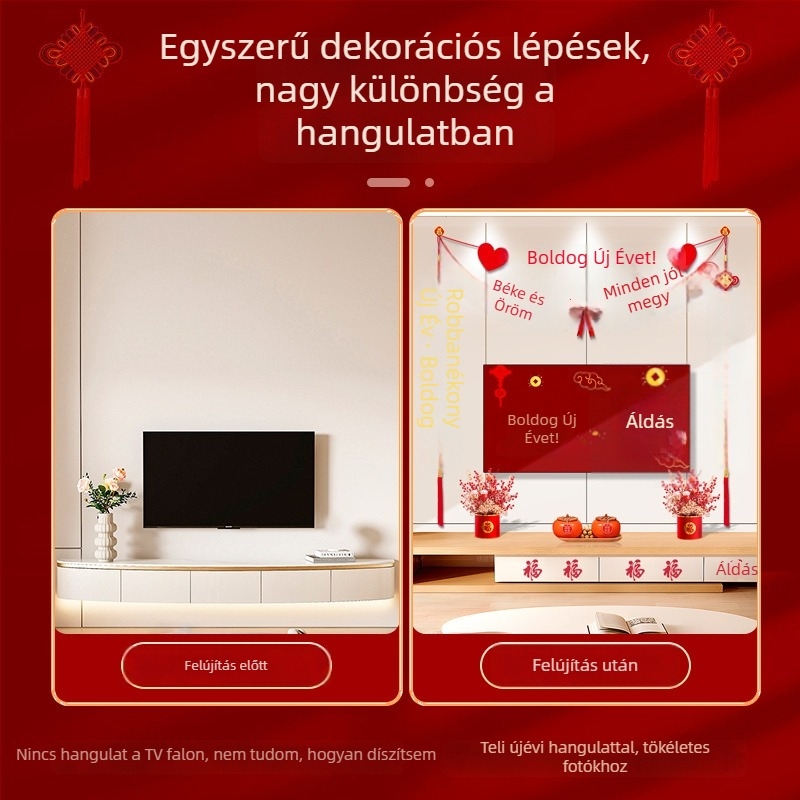 Újévi dekorációk 2026 – A ló éve, nappali TV-háttér dekor, páros feliratokkal a Tavaszi Fesztiválhoz