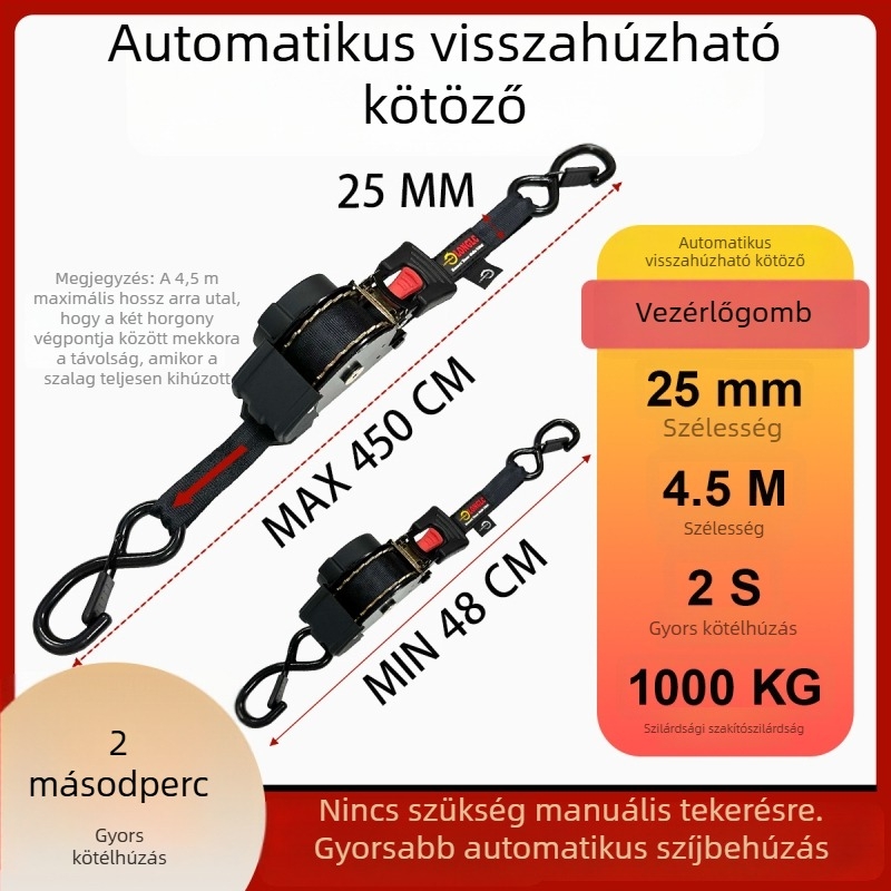 Motorkerékpárhoz készült poggyászrögzítő heveder feszítővel – poliészter, terhelés 500 kg, szakítószilárdság 1000 kg, biztonsági tényező 2:1