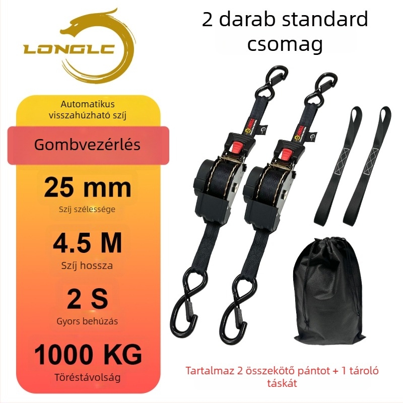 Motorkerékpárhoz készült poggyászrögzítő heveder feszítővel – poliészter, terhelés 500 kg, szakítószilárdság 1000 kg, biztonsági tényező 2:1