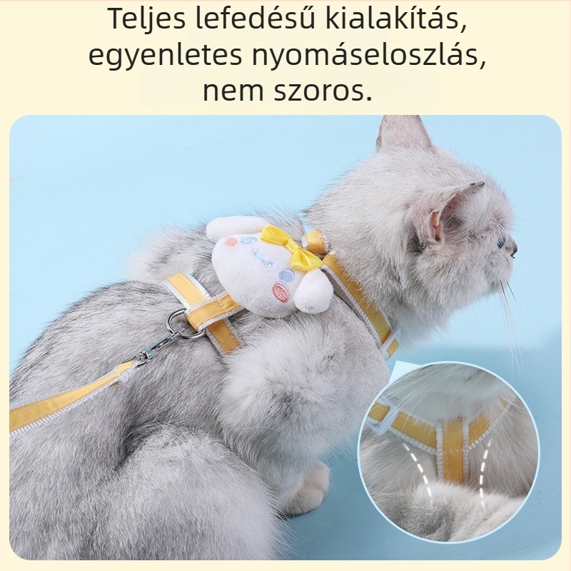 Macska vontatásöv, állítható és bővíthető; anyag: poliészter ötvözet; alkalmas macskáknak; kategória: háziállat kötél/lánc