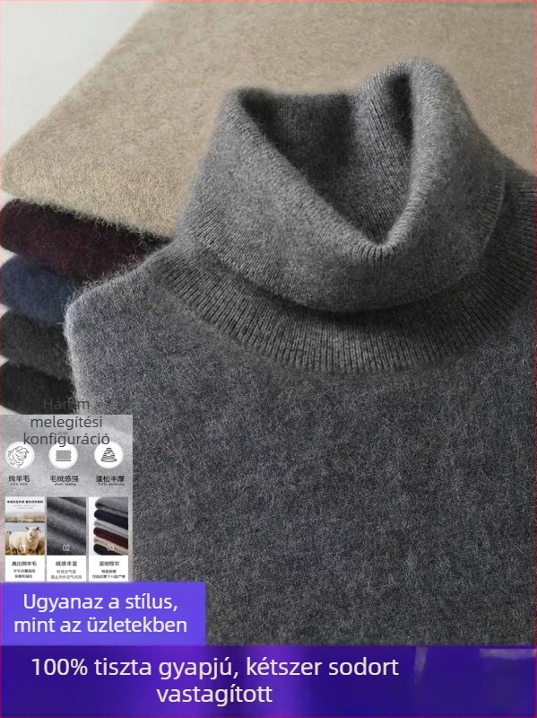 Férfi gyapjú pulóver magas gallérral, téli vastag kötött felső
