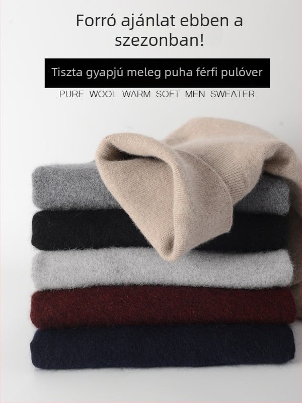 Férfi gyapjú pulóver magas gallérral, téli vastag kötött felső