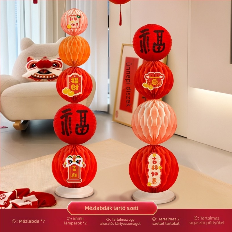 Újévhez készült dekorációs rekvizítum Fu áldás jel és méhsejt gömb a tartóval, műanyag, 2512-017-XNFWQLZ