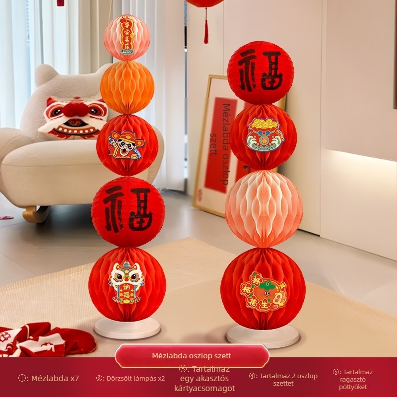 Újévhez készült dekorációs rekvizítum Fu áldás jel és méhsejt gömb a tartóval, műanyag, 2512-017-XNFWQLZ