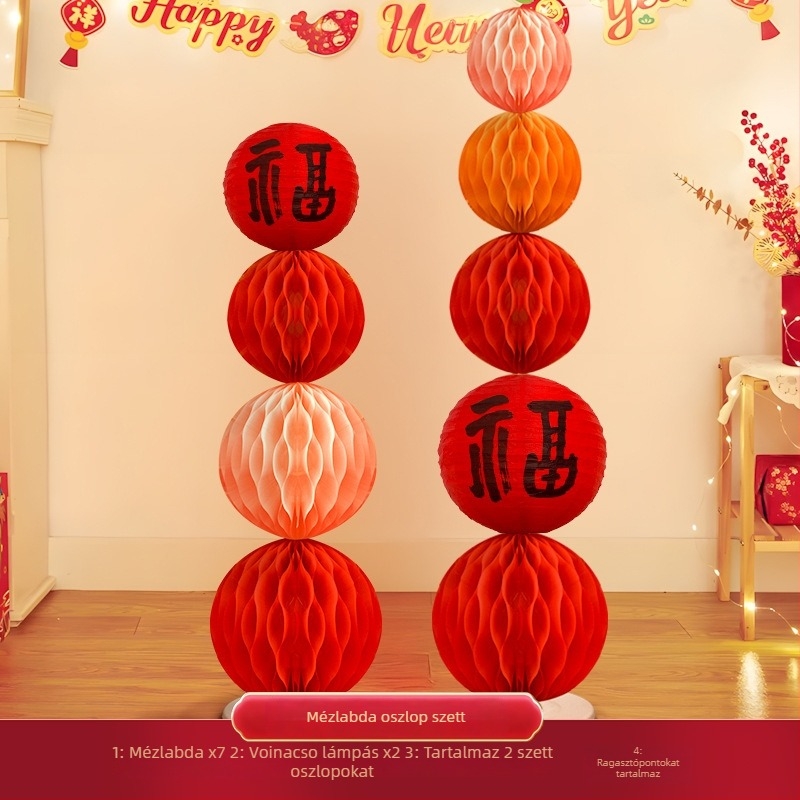 Újévhez készült dekorációs rekvizítum Fu áldás jel és méhsejt gömb a tartóval, műanyag, 2512-017-XNFWQLZ