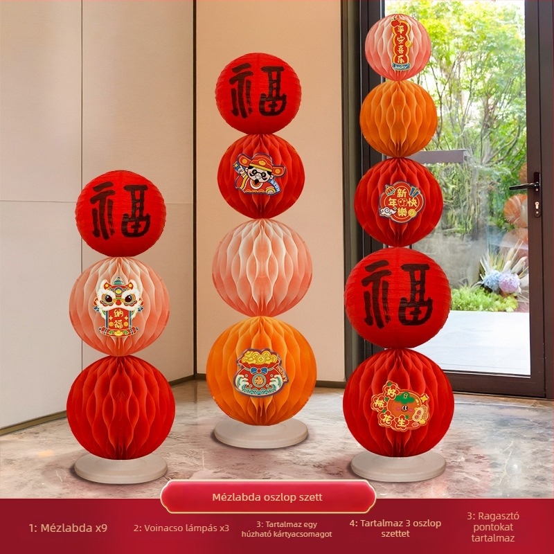 Újévhez készült dekorációs rekvizítum Fu áldás jel és méhsejt gömb a tartóval, műanyag, 2512-017-XNFWQLZ