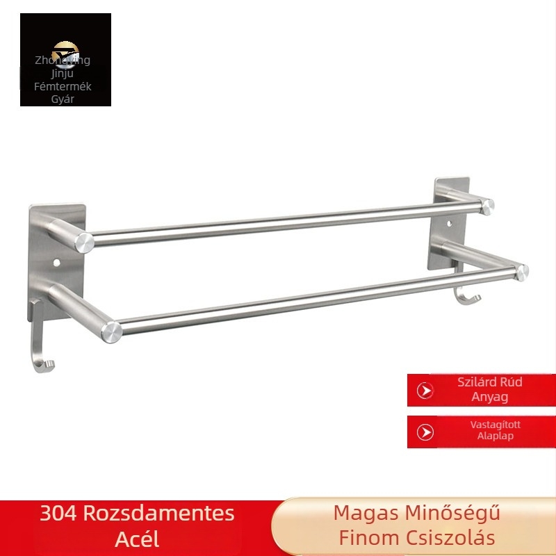 Dupla rétegű törölközőtartó 304-es rozsdamentes acélból, falra szerelhető, kampóval, matt felülettel, 5 kg teherbírás