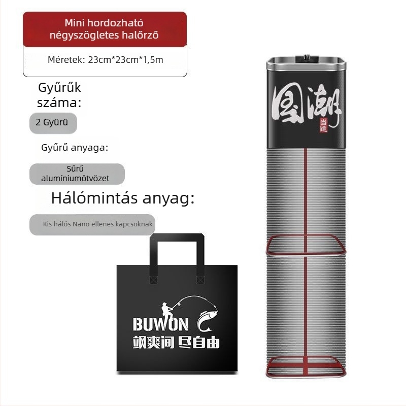 Hálótáska védő háló a horgászathoz, nylon, Bawon, négyszögletes nyílás, gyors száradás, apró szemű háló