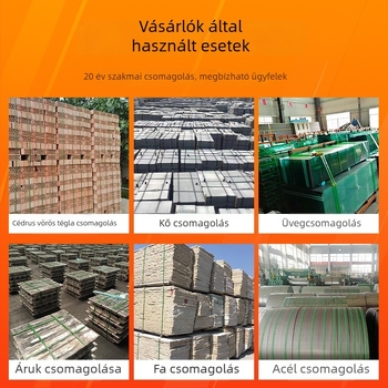 PET műanyag‑acél csomagoló szalag, vastagság 0,6–1,0 mm, húzószilárdság 420 kg, tekercs tömege 5–20 kg, forró olvadék csomagoláshoz