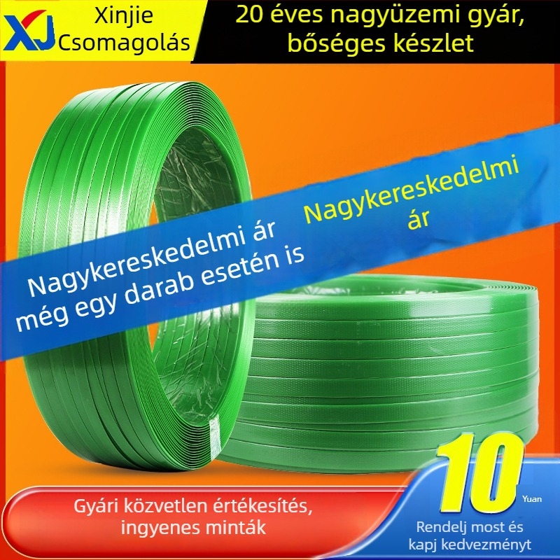 PET műanyag‑acél csomagoló szalag, vastagság 0,6–1,0 mm, húzószilárdság 420 kg, tekercs tömege 5–20 kg, forró olvadék csomagoláshoz