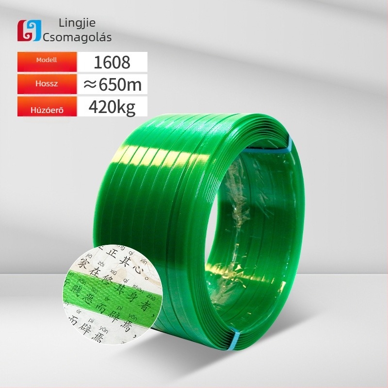 PET műanyag‑acél csomagoló szalag, vastagság 0,6–1,0 mm, húzószilárdság 420 kg, tekercs tömege 5–20 kg, forró olvadék csomagoláshoz