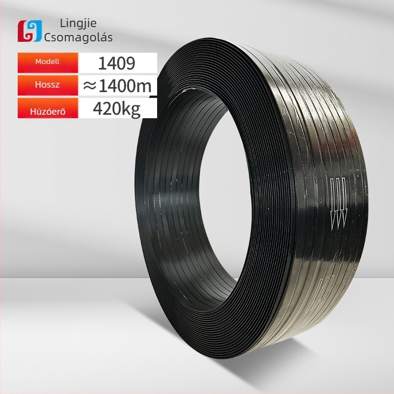 PET műanyag‑acél csomagoló szalag, vastagság 0,6–1,0 mm, húzószilárdság 420 kg, tekercs tömege 5–20 kg, forró olvadék csomagoláshoz