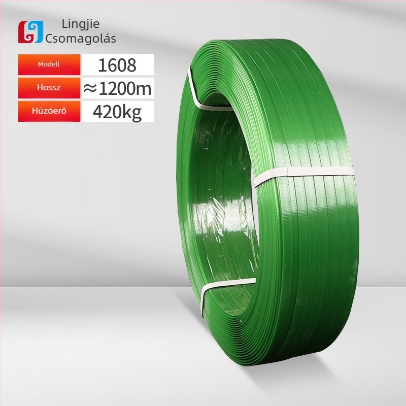 PET műanyag‑acél csomagoló szalag, vastagság 0,6–1,0 mm, húzószilárdság 420 kg, tekercs tömege 5–20 kg, forró olvadék csomagoláshoz