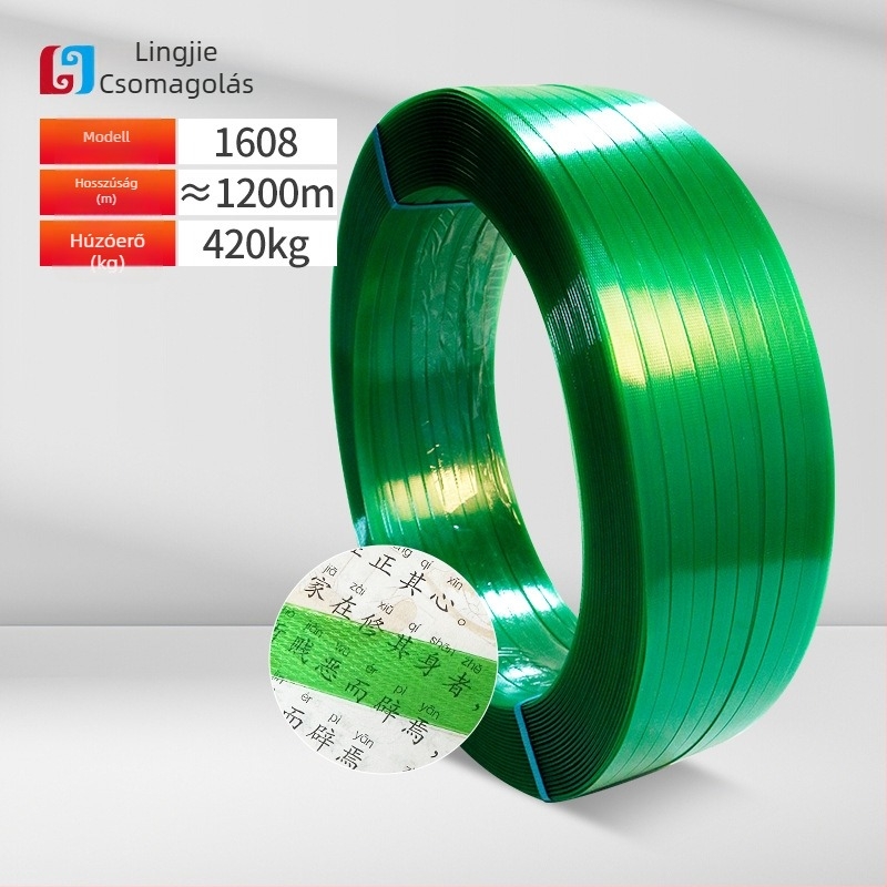 PET műanyag‑acél csomagoló szalag, vastagság 0,6–1,0 mm, húzószilárdság 420 kg, tekercs tömege 5–20 kg, forró olvadék csomagoláshoz