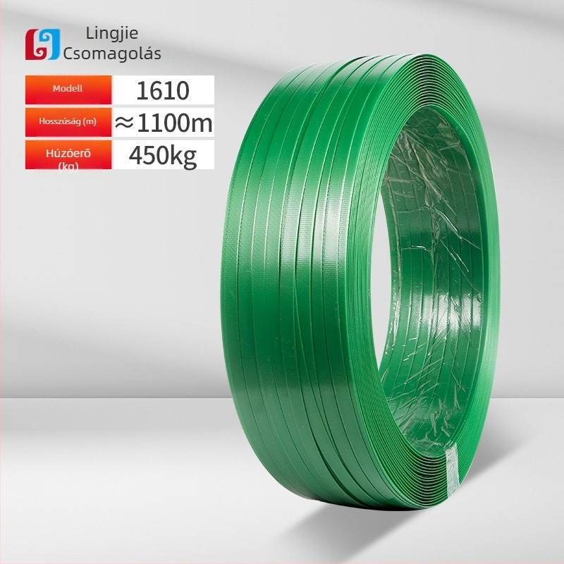 PET műanyag‑acél csomagoló szalag, vastagság 0,6–1,0 mm, húzószilárdság 420 kg, tekercs tömege 5–20 kg, forró olvadék csomagoláshoz