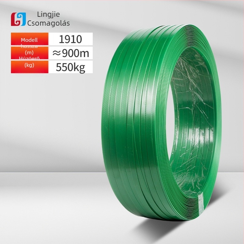 PET műanyag‑acél csomagoló szalag, vastagság 0,6–1,0 mm, húzószilárdság 420 kg, tekercs tömege 5–20 kg, forró olvadék csomagoláshoz
