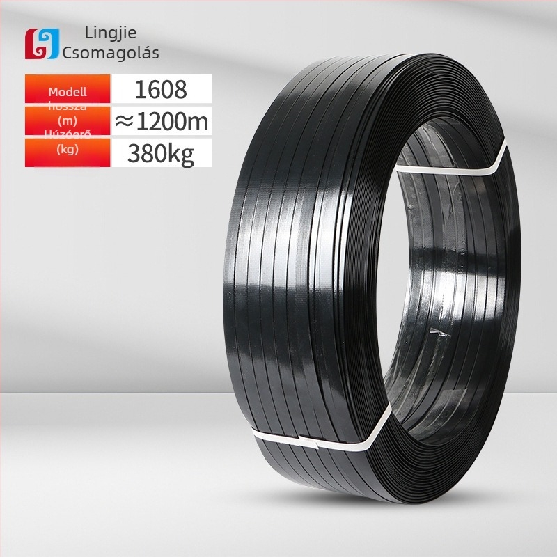 PET műanyag‑acél csomagoló szalag, vastagság 0,6–1,0 mm, húzószilárdság 420 kg, tekercs tömege 5–20 kg, forró olvadék csomagoláshoz
