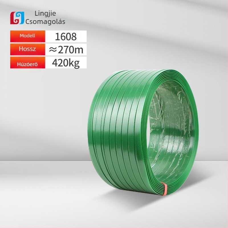 PET műanyag‑acél csomagoló szalag, vastagság 0,6–1,0 mm, húzószilárdság 420 kg, tekercs tömege 5–20 kg, forró olvadék csomagoláshoz