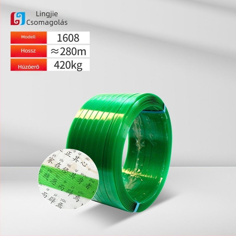PET műanyag‑acél csomagoló szalag, vastagság 0,6–1,0 mm, húzószilárdság 420 kg, tekercs tömege 5–20 kg, forró olvadék csomagoláshoz