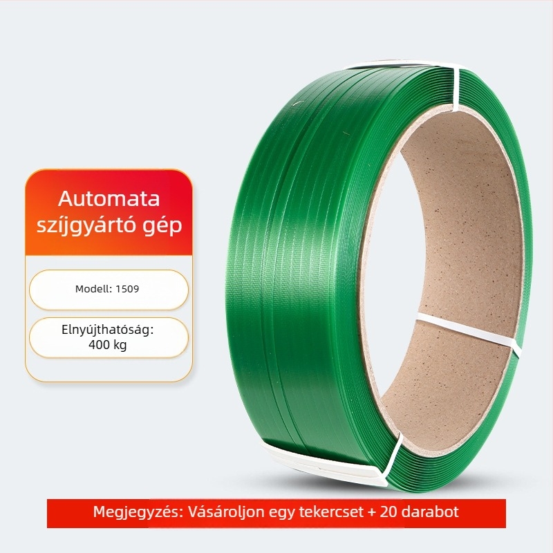 PET műanyag‑acél csomagoló szalag, vastagság 0,6–1,0 mm, húzószilárdság 420 kg, tekercs tömege 5–20 kg, forró olvadék csomagoláshoz