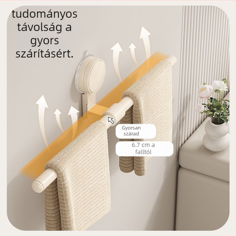 Szívófejes törölközőtartó hajgumí tartóval, falra szerelhető, 1-szintű fürdőszobai tároló