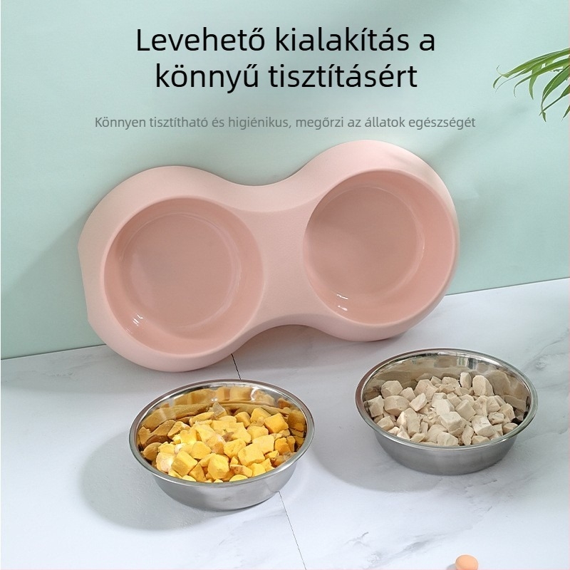 Háziállatok kettős tálak készlet – rozsdamentes acél tálak PP kerettel, ovális alakú, tehénbőr mintázatú textúra, kutyák és macskák számára