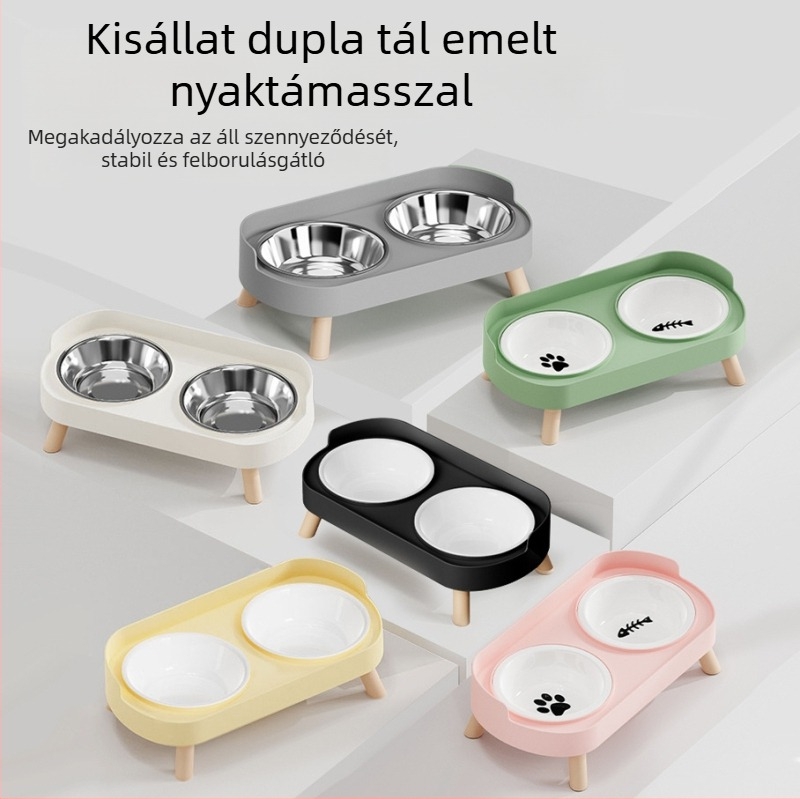 Két tálas kerámiás készlet macskáknak és kutyáknak – etető- és itatótál, felborulás elleni kialakítás