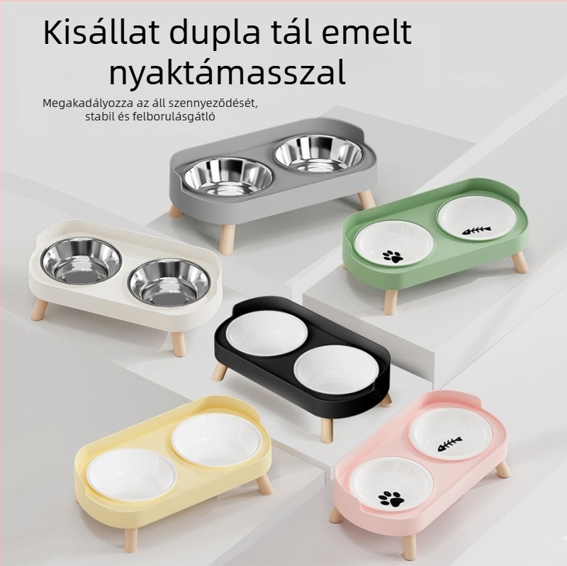 Két tálas kerámiás készlet macskáknak és kutyáknak – etető- és itatótál, felborulás elleni kialakítás