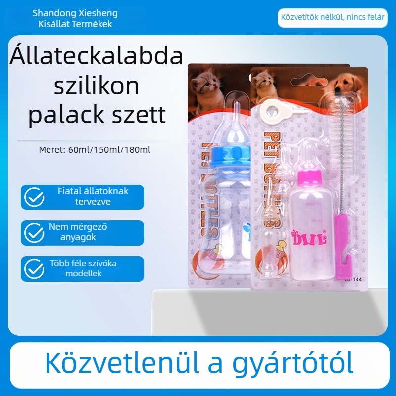 Macskáknak szánt tejes etető készlet több cumisüveggel, puha cumikkal, PP anyag, HP-4122 modell, kézi etetés