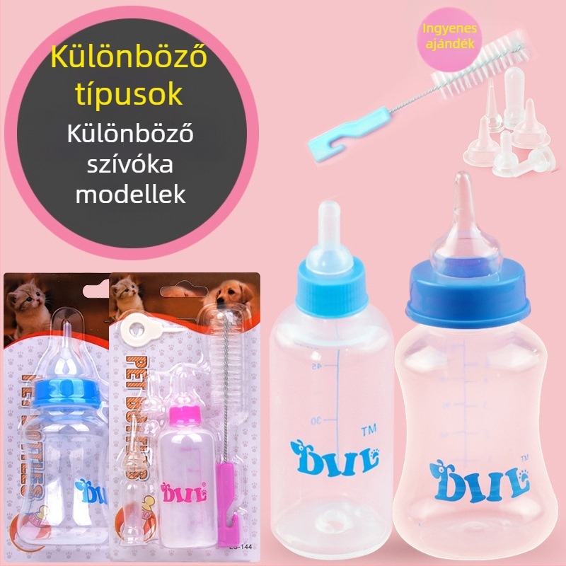 Macskáknak szánt tejes etető készlet több cumisüveggel, puha cumikkal, PP anyag, HP-4122 modell, kézi etetés